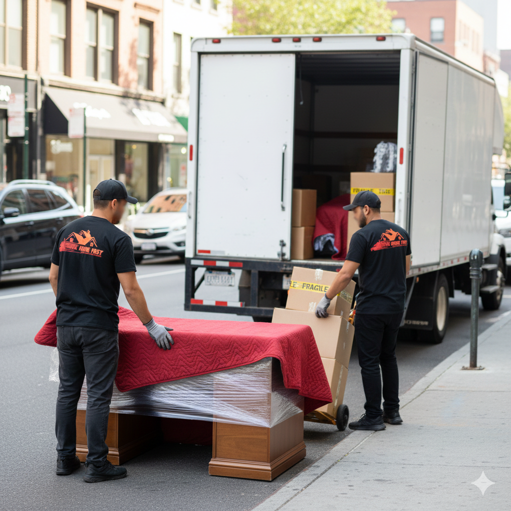 MoveHomeFast crew installing office desks and chairs in a Brampton business center